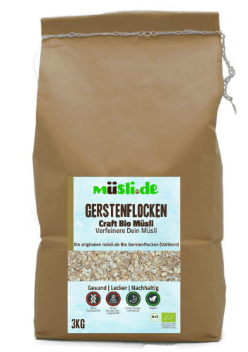 Bild der Verpackung (Dose) des Bio Müslis Bio Gerstenflocken von müsli.de
