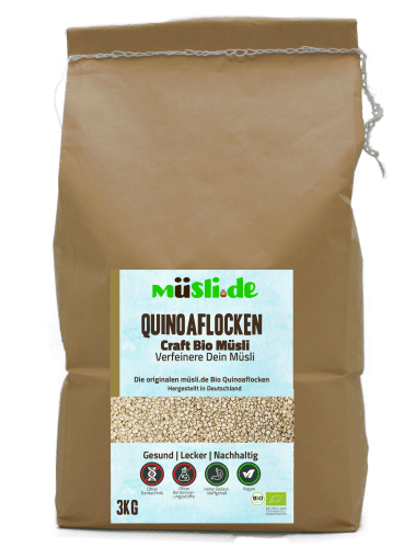 Bild der Verpackung (Dose) des Bio Müslis Bio Quinoaflocken 3000g von müsli.de
