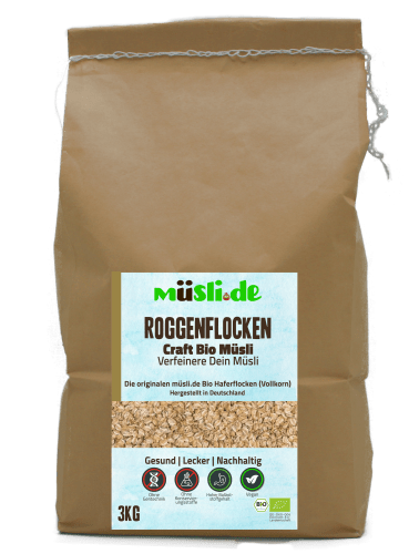 Bild der Verpackung (Dose) des Bio Müslis Bio Roggenflocken von müsli.de